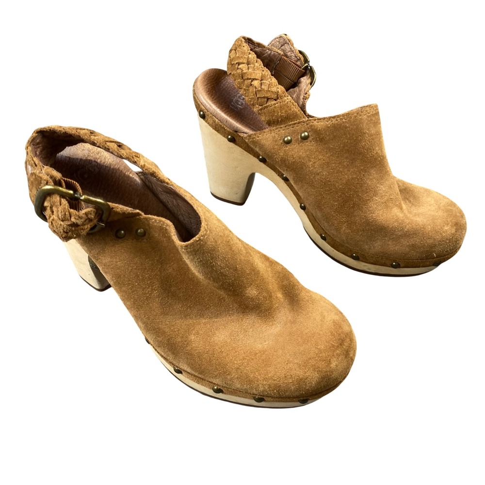 UGG Dafni Womens 8 Chestnut Suede Platform Clogs Wood Heel Studded 1000396